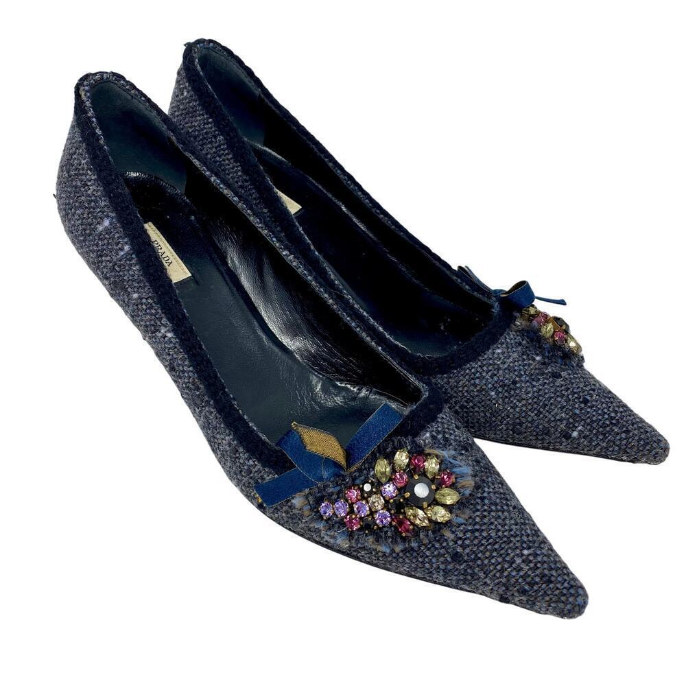 Archival Prada Kitten Heels Shoes tweed w swarovsky crystals navy blue 37 us7
